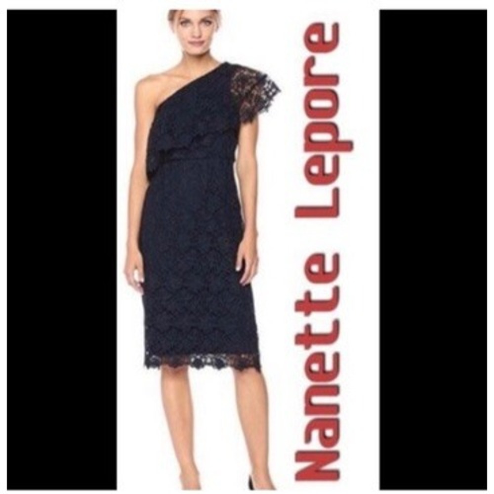 Nanette Lepore Navy Blue Lace One Shoulder Ruffle Sheath Cocktail Dress Size 16